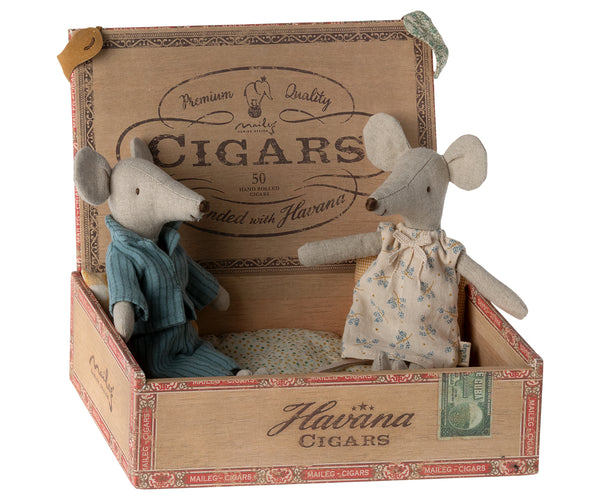 mum & dad mice in a cigar box