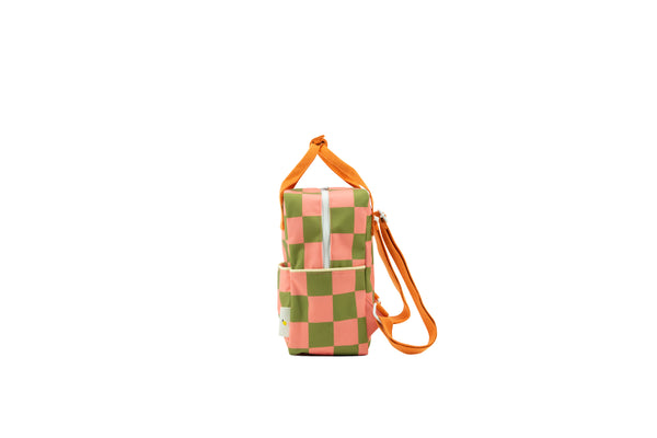 small backpack | farmhouse • checkerboard - sprout green + flower pink