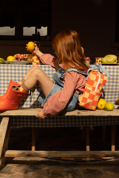 small backpack | farmhouse • checkerboard - pear jam + ladybird red