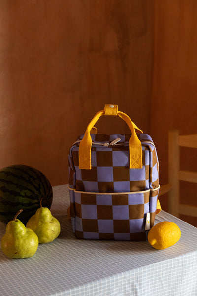 small backpack | farmhouse • checkerboard - blooming purple + soil green