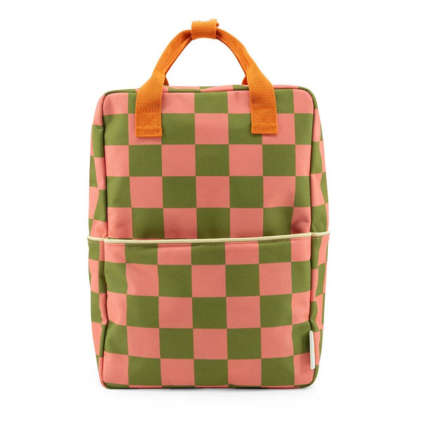 large backpack | farmhouse • checkerboard - sprout green + flower pink