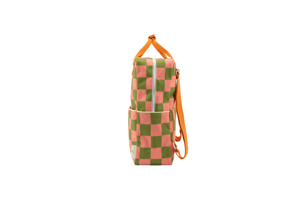 large backpack | farmhouse • checkerboard - sprout green + flower pink