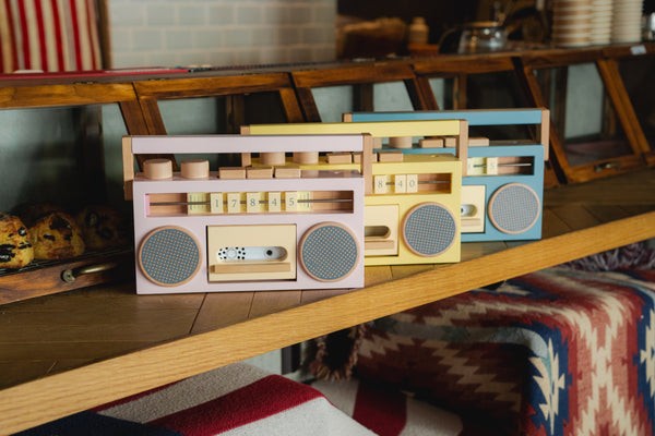 retro wooden tape recorder with live record | yellow