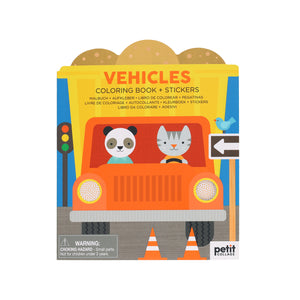 coloring book with stickers | vehicles