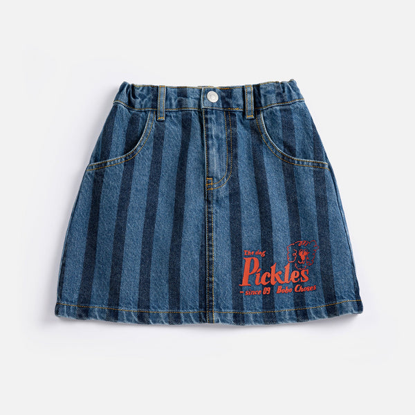 striped denim skirt | pickles the dog