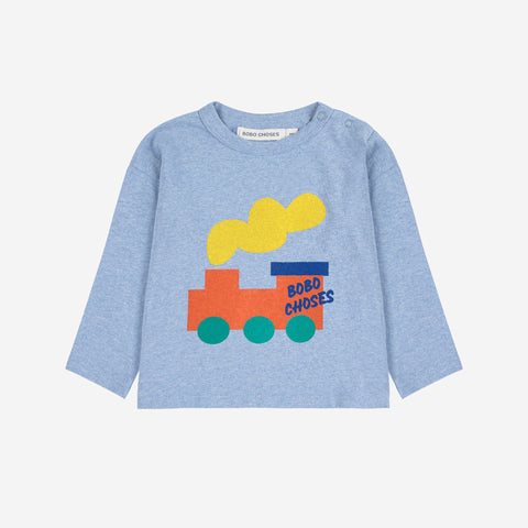 Long sleeve light blue baby t-shirt with a train design on a white background