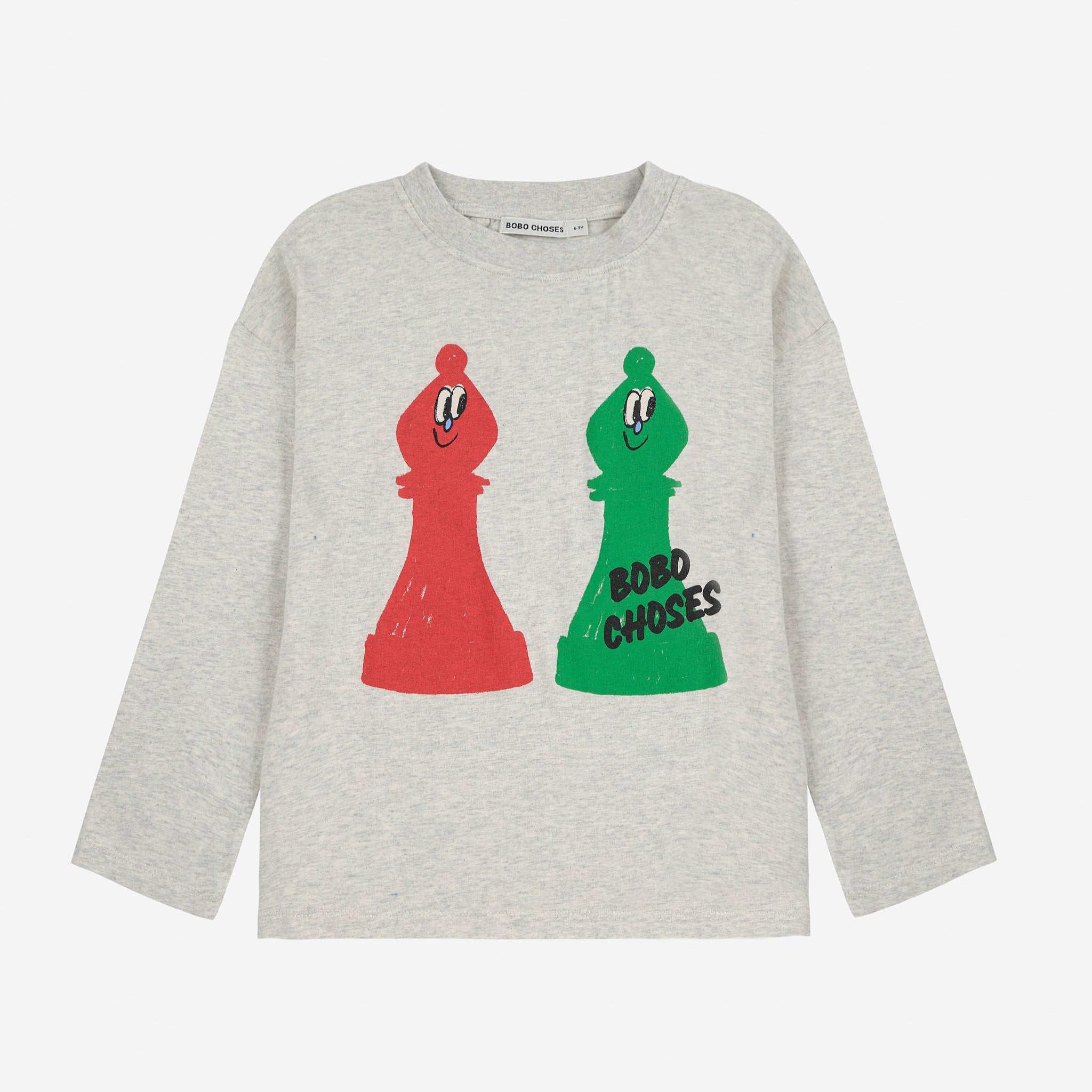 Gray long-sleeve chidlren's shirt with red and green chess piece graphics with Bobo Choses text on a white background