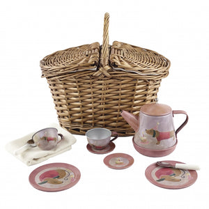 musical dog tin tea set in a basket