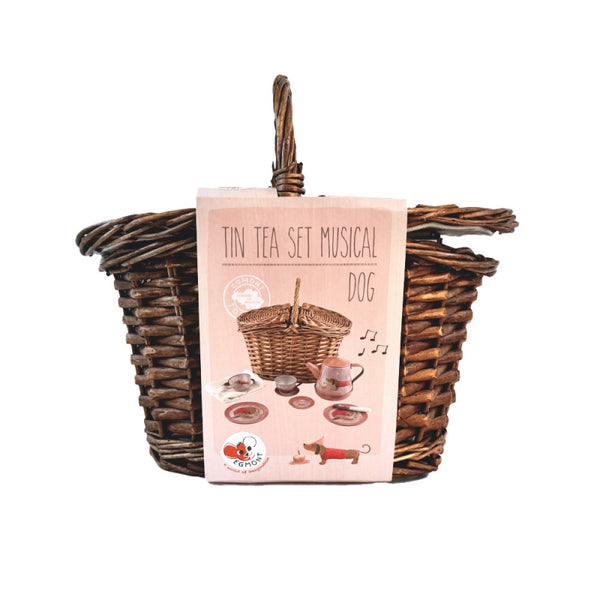 musical dog tin tea set in a basket