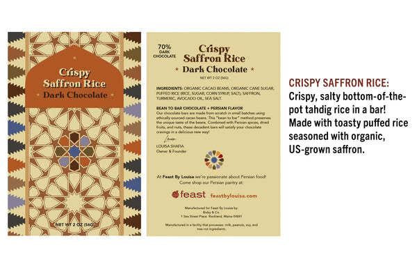 persian spiced chocolate bar | crispy saffron rice