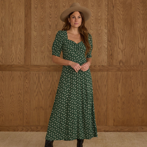 women's violet dress | green ditsy