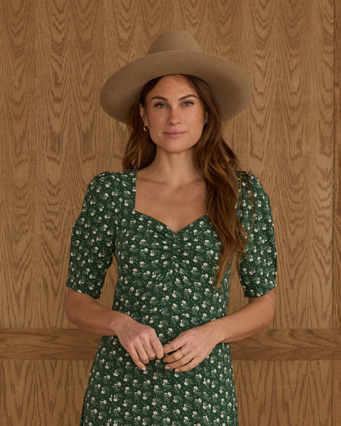 women's violet dress | green ditsy