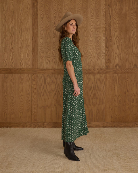 women's violet dress | green ditsy