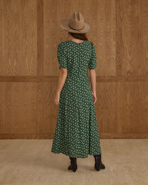 women's violet dress | green ditsy