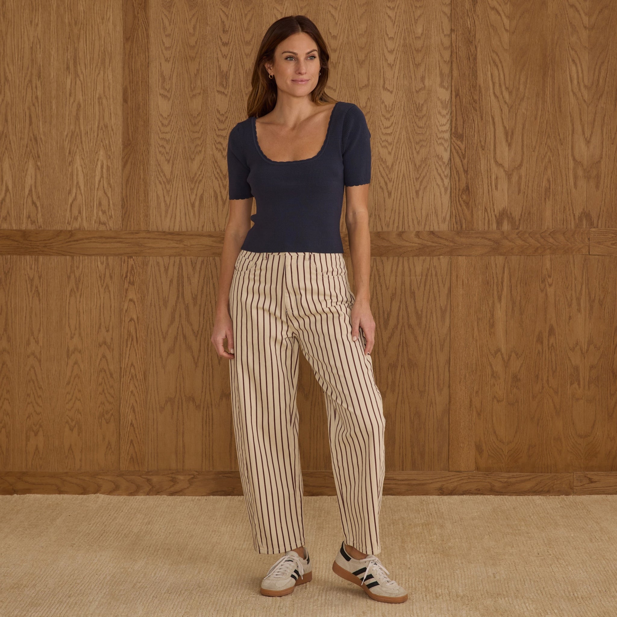 women's barrel pant | burgundy stripe