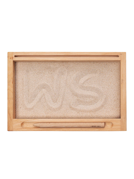 wooden montessori tray | sand + flashcard holder