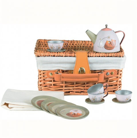 forest tin tea set in a wicker case