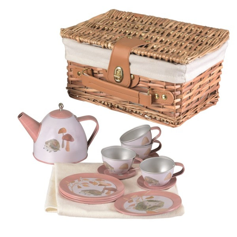 hedgehog tin tea set in a wicker case