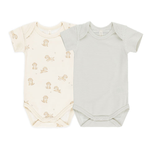 short sleeve bodysuit | 2 pack - puppies + sky micro stripe