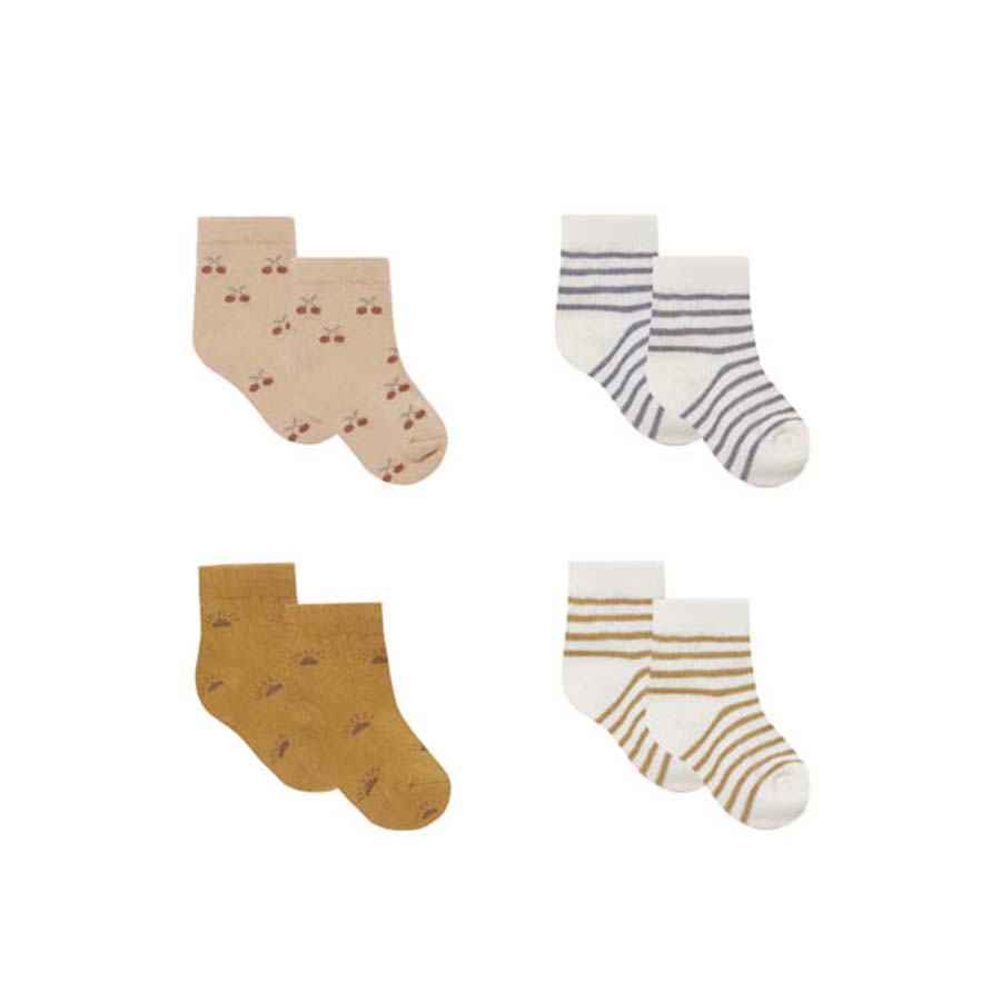 printed baby socks set | cherries, ocre stripe, suns, indigo stripe